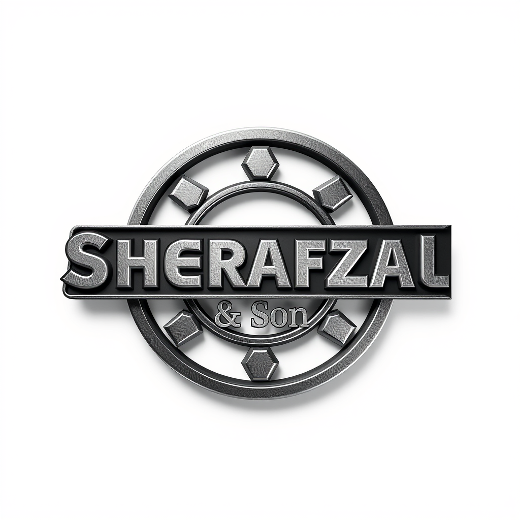 3D Logo idea: 3D logo for Steel Fabracton and erection work Company name is Sherafzal & Sons company , three-dimensional render, realistic depth and shadows, glossy