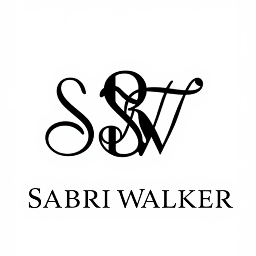 Monogram Logo idea: monogram logo combining the letters Sabri walker , elegant intertwined letterforms, flat vector logo, centered, solid white background, high contrast,