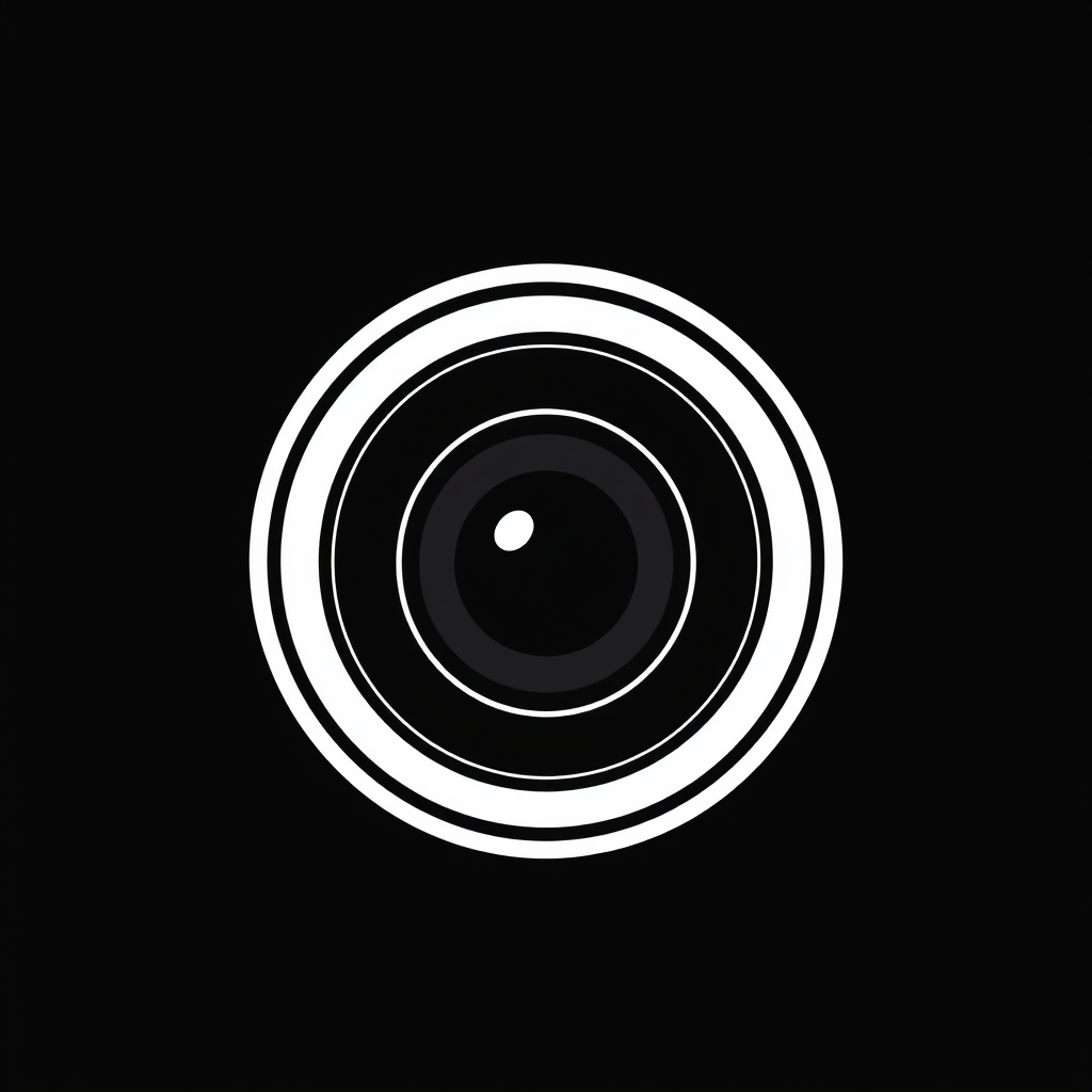 Minimalist Logo idea: minimalist logo, simple geometric mark for Minimal round white camera lens, no camera body. Black background, few thin lens rings and subtle technical