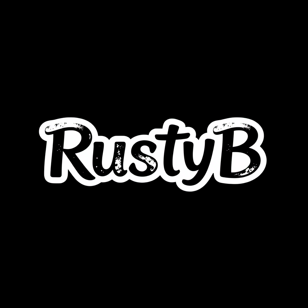 Main logo studio: Logo black and white, "RustyB" no block letters but more kinda cursive but not elegant , letters are black and just white around the letters, and it m