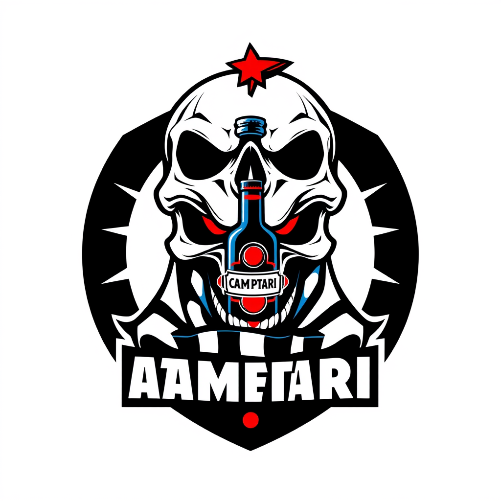 Main logo studio: Football team crest for “ATLETICO CAMPARI”, aggressive stylized skull wearing a football scarf, small Campari bottle integrated into the emblem, domin