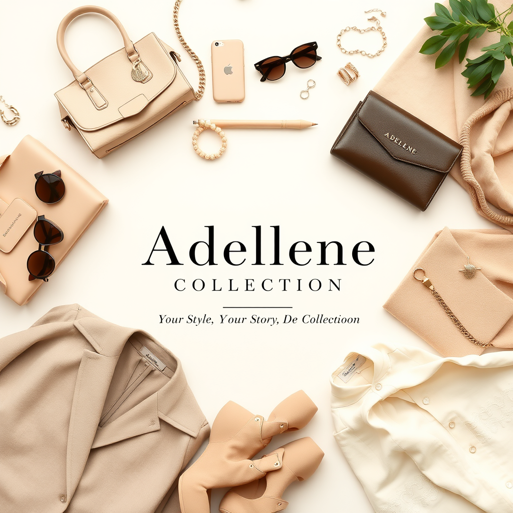 Main logo studio: Create a realistic elegant and classy fashion boutique welcome image for a brand called “Adellene Collection.” Use a sophisticated neutral color palet
