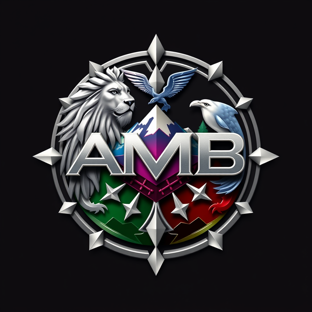 Main logo studio: Create a luxurious futuristic emblem with only the text "AMB". Include a majestic realistic lion, eagle, dolphin, human symbol representing humanity, 