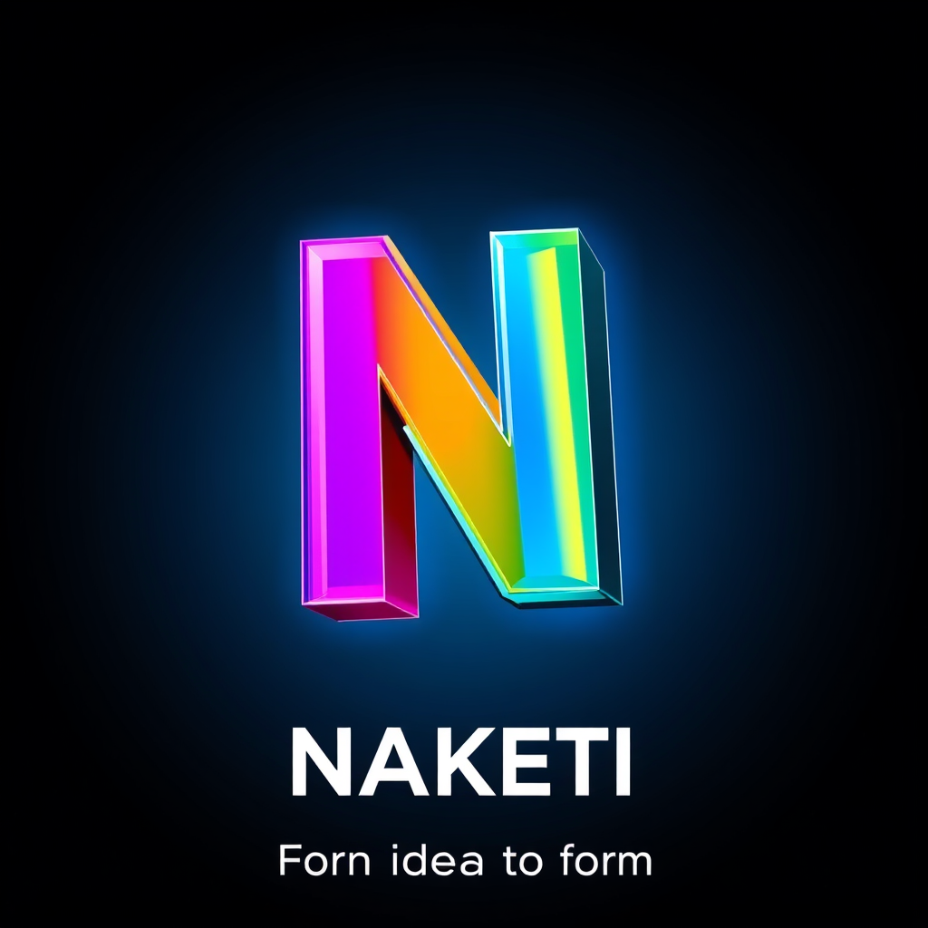 Main logo studio: A professional logo for an outdoor advertising factory named "NAKETI". The logo icon is a 3D volumetric letter "N" made of layered materials: glossy v