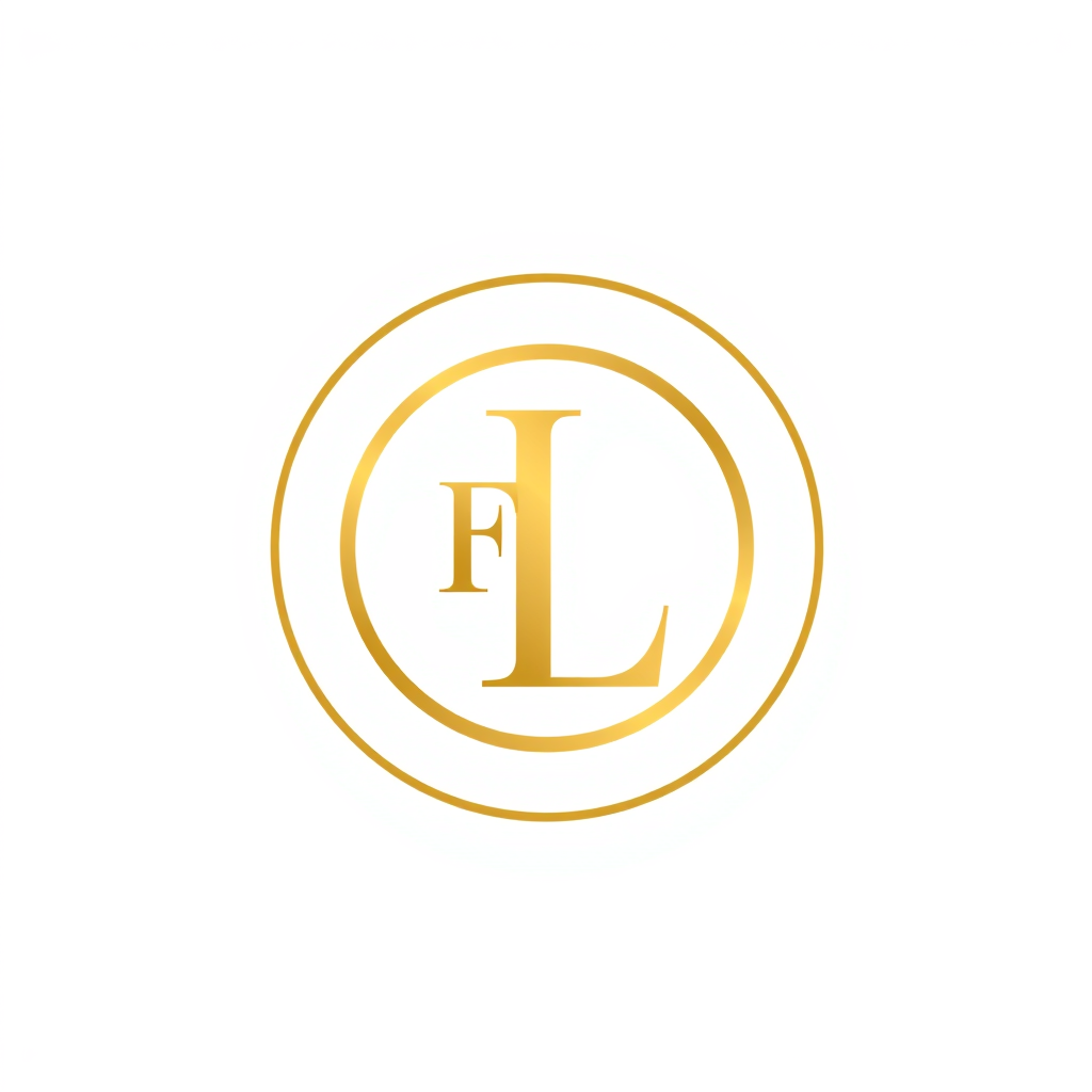 Badge Logo idea: badge logo for elegant monogram logo combining letters F and L, gold, luxury brand , bold badge design, text enclosed in a rounded rectangular or circ