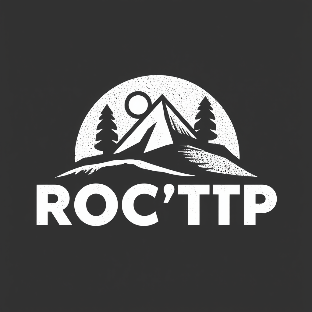 Main logo studio: logo nom ROC'TP entreprise terrassement croquis godet micro pelle mécanique