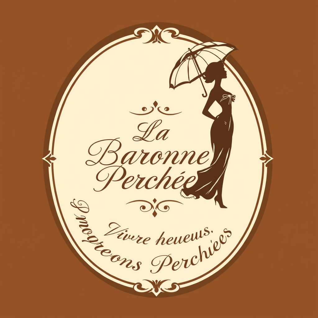 Main logo studio: Crée un logo élégant. Bicolore crème et brun . Un cadre ovale doré rococo ombré. Écris au centre : La Baronne Perchée. écriture manuscrite calligraphi