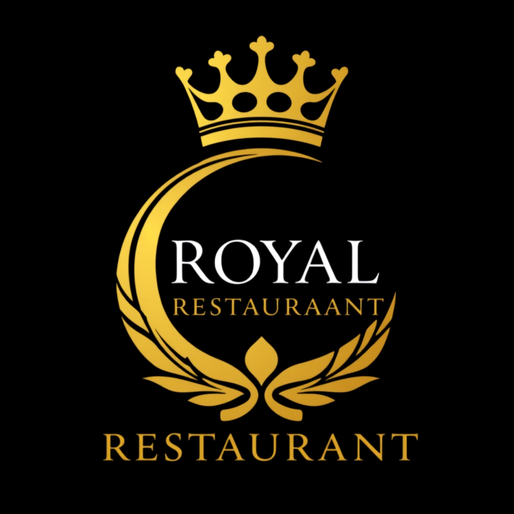 Main logo studio: ROYAL RESTAURANT, luxury 5-star fine dining logo, elegant gold crown, black and champagne gold, premium hotel style, classy serif