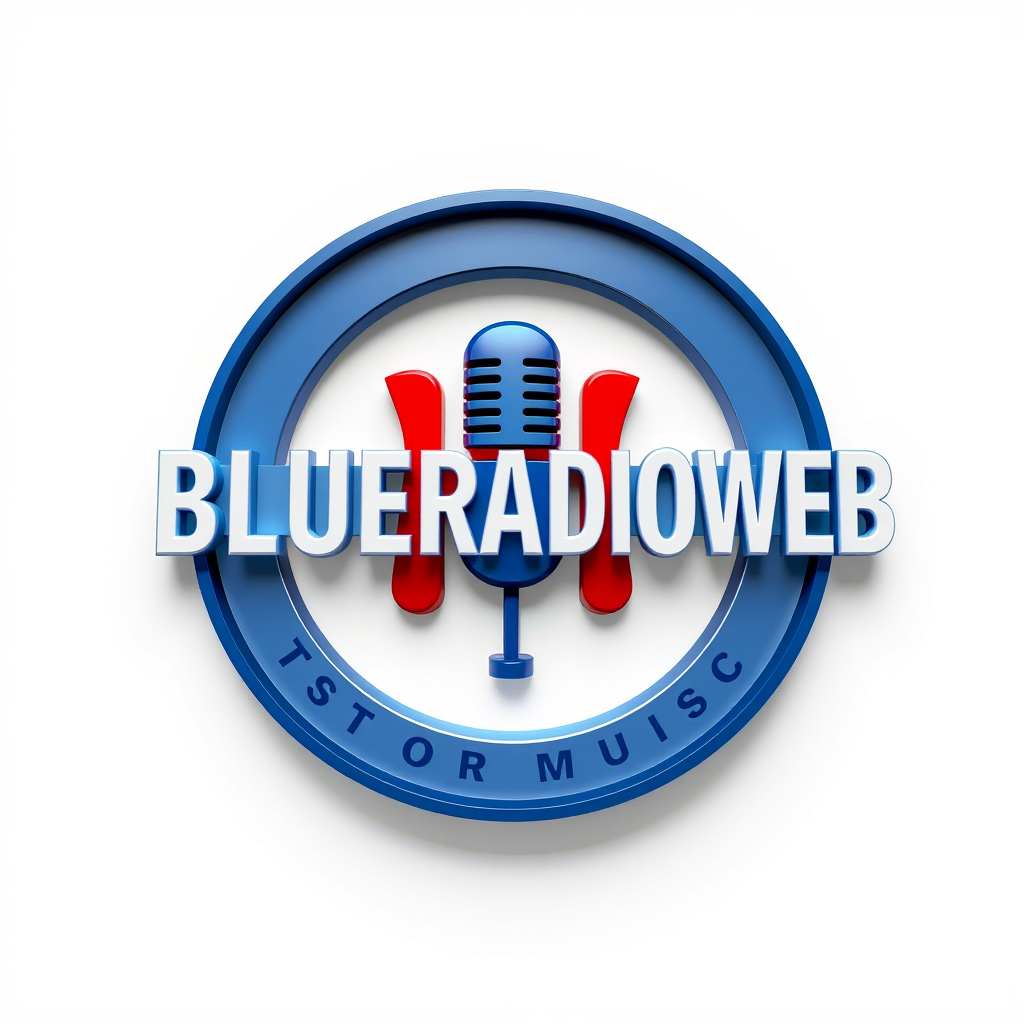 3D Logo idea: 3D logo for BLUERADIOWEB LISTEN TO YOUR MUSIC a music brand blue white red , three-dimensional render, realistic depth and shadows, glossy or metallic