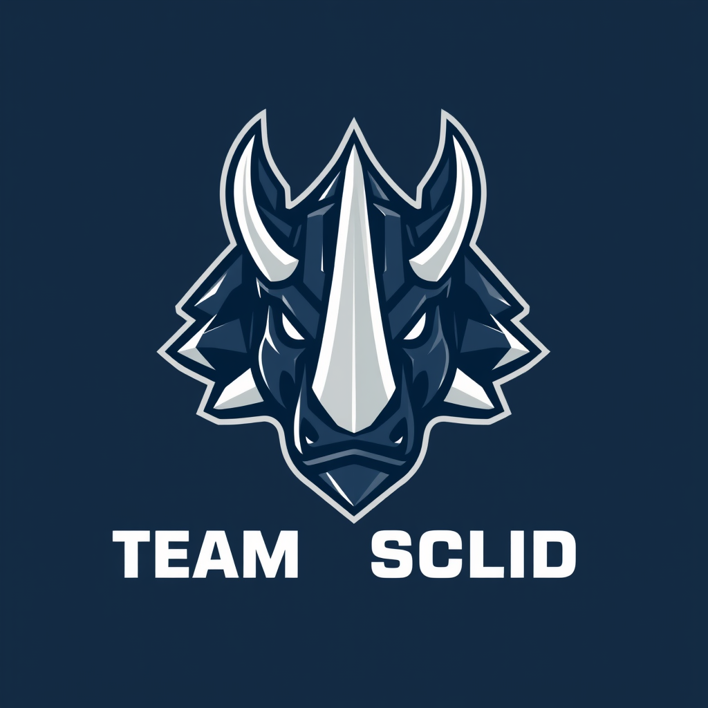 Main logo studio: Professional esports logo for TEAM SOLID, featuring a powerful rhinoceros head mascot. Bold symmetrical design, sharp geometric shapes, strong horns,