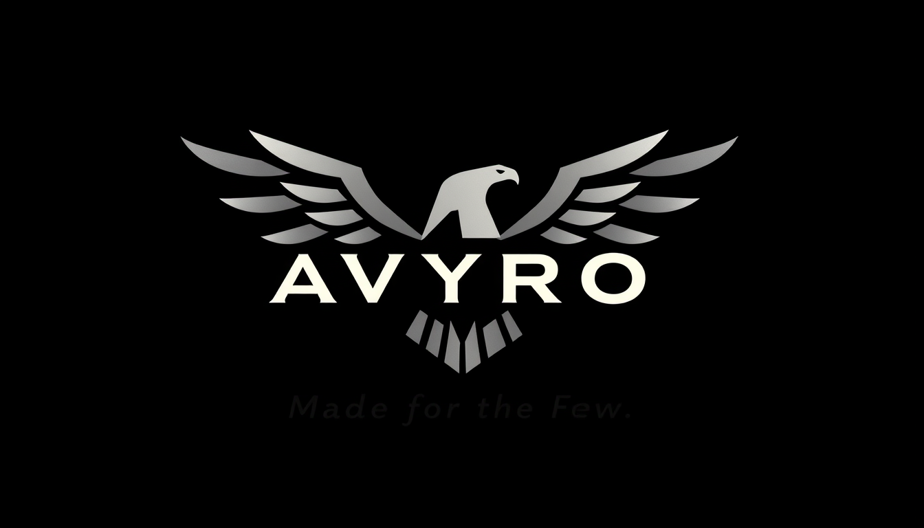 Main logo studio: Create a premium minimalist streetwear logo for AVYRO. Use a sharp abstract eagle/falcon wing symbol integrated with the brand name. Integrate the tag