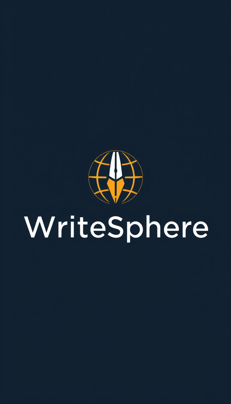 Main logo studio: Minimal premium logo for “WriteSphere”, featuring a pen nib and subtle globe/sphere. Modern, clean, creative, dark navy with gold accent, centered, pr