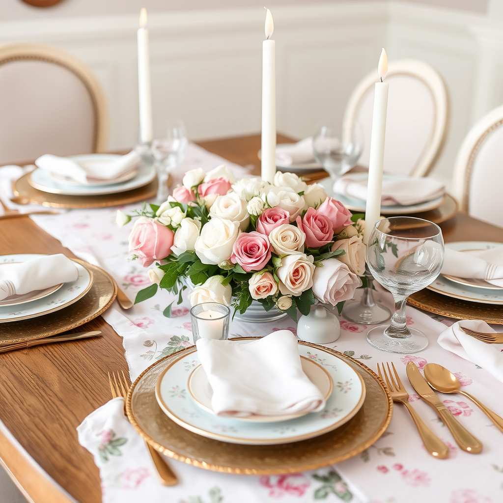 Main logo studio: Bring a touch of romance to your dining table with soft florals and delicate details. Choose a pastel pink, blush, or soft lavender color palette. Lay