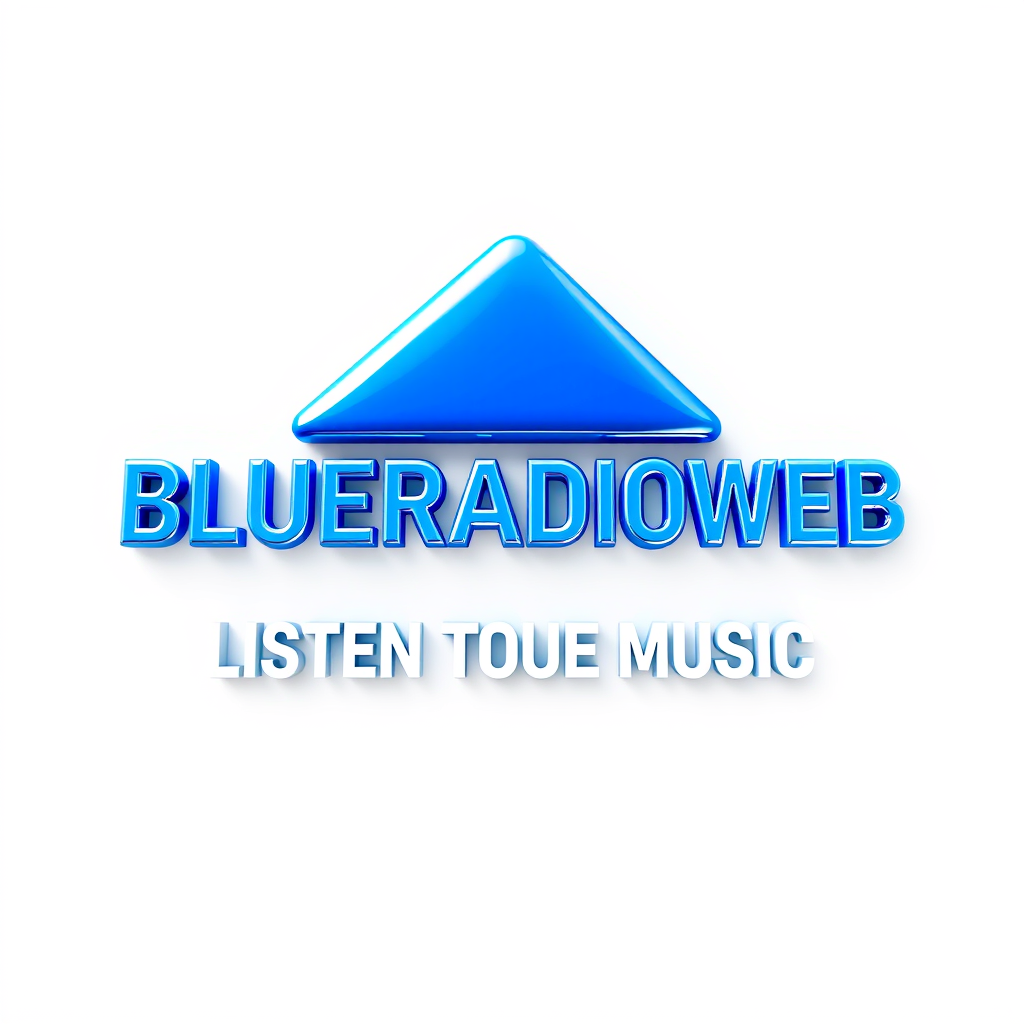 3D Logo idea: 3D logo for Générer un logo 3D BLUERADIOWEB écrit en blanc dans un fond de couleur bleu clair et foncé avec le slogan LISTEN TO YOUR MUSIC écrit en bl