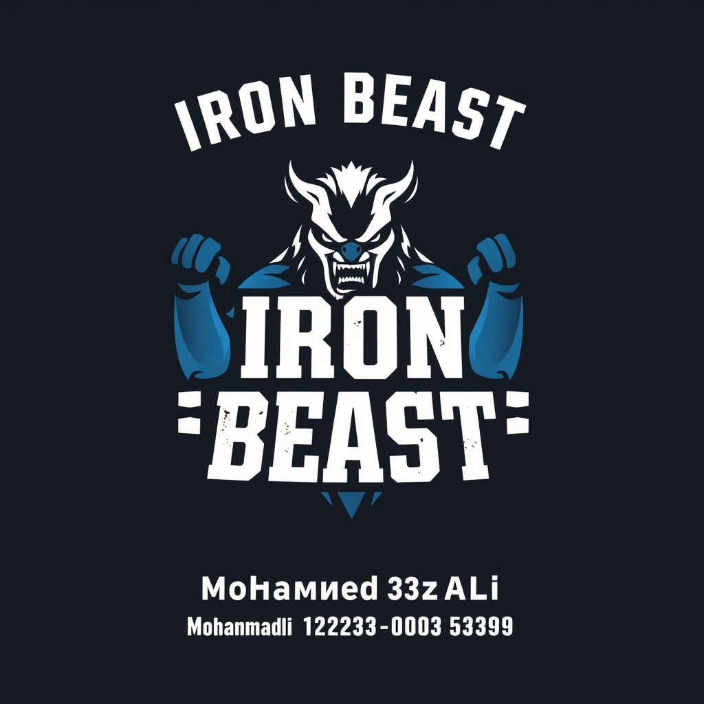 Main logo studio: “Create a logo for my gym named IRON BEAST. Put a BEST IMAGE FORM YOUR SIDE in the background COLOR SHOULD BHI BLUE AND WHITE , and add the location ‘
