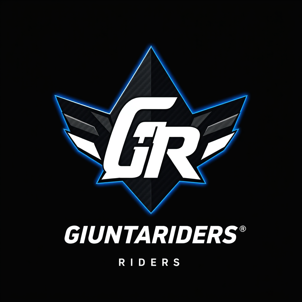 Main logo studio: GIUNTARIDERS® elite mountain bike brand logo. Dominant GR emblem, sharp lines, dynamic racing style, premium automotive aesthetic, black carbon textur