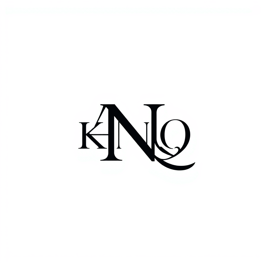 Monogram Logo idea: monogram logo combining the letters Initials A K N Q , elegant intertwined letterforms, flat vector logo, centered, solid white background, high contr