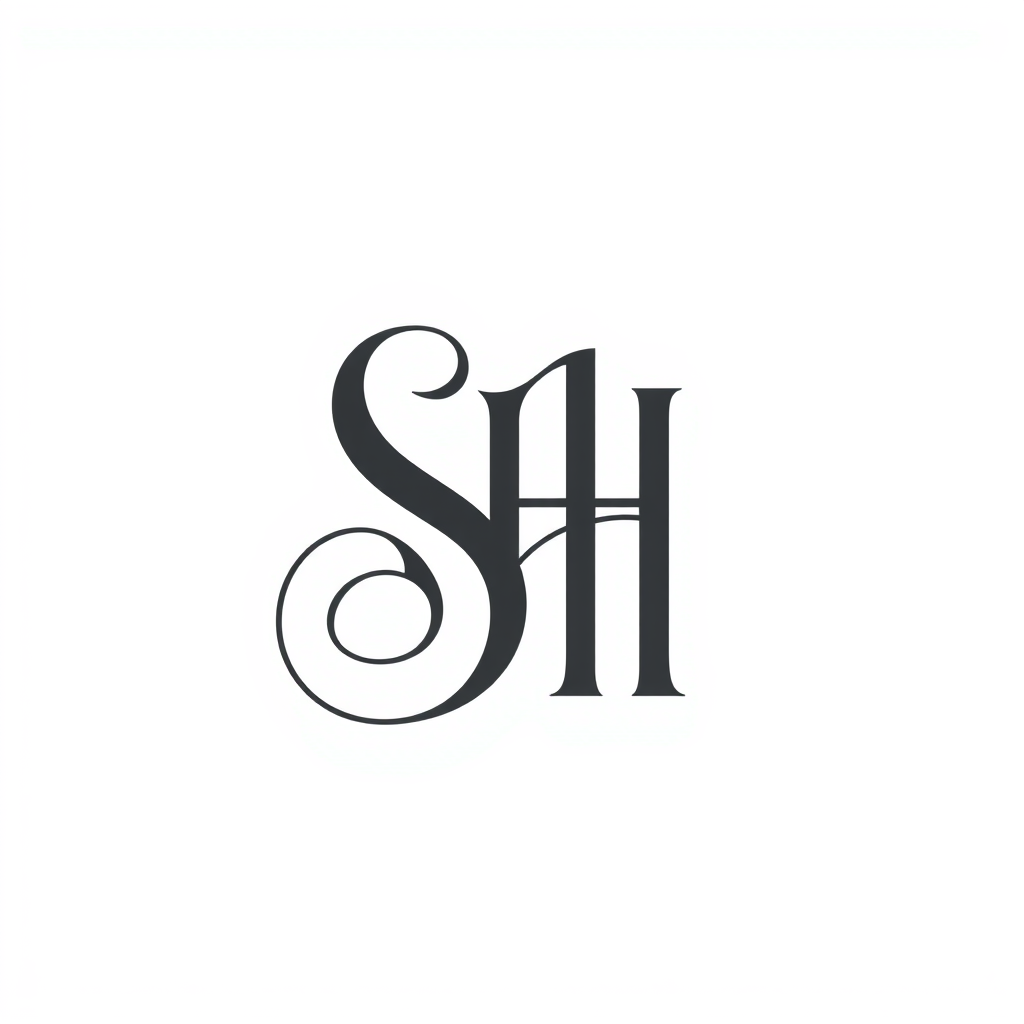 Monogram Logo idea: monogram logo combining the letters SH grigio arial , elegant intertwined letterforms, flat vector logo, centered, solid white background, high contra
