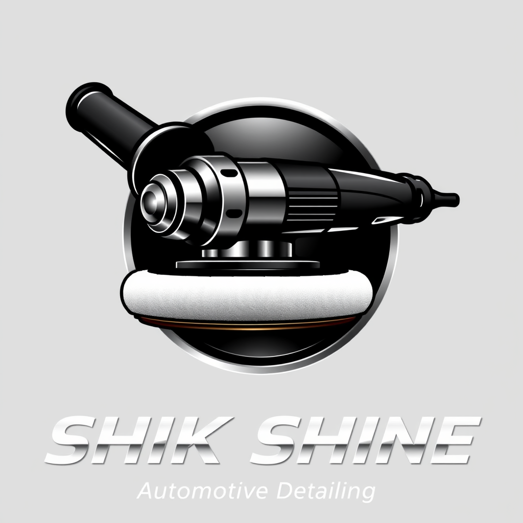 Main logo studio: SHIK SHINE — ultra-premium automotive detailing logo featuring a clearly recognizable realistic dual-action orbital car polisher with round polishing 