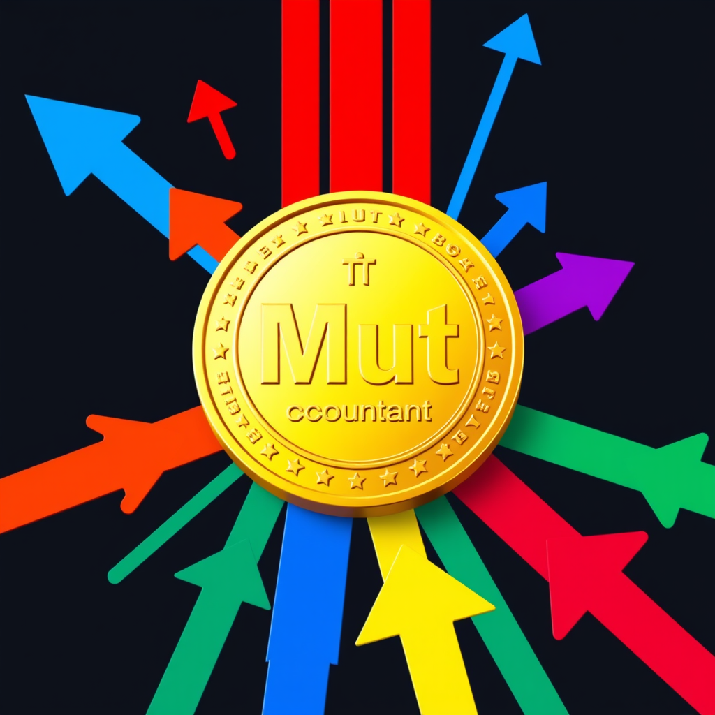 Main logo studio: Big gold coin with up arrows behind along side it blue, red, purple, and green. Can you add symbols at the end of the arrows to indicate success or wi