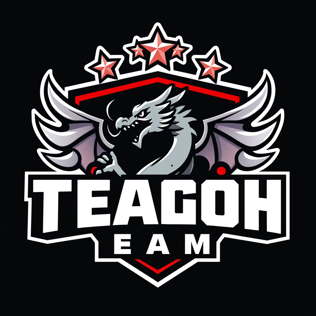 Main logo studio: bold esports team emblem logo, with a dragon in the center and four stars ⭐️⭐️⭐️⭐️ in the hight