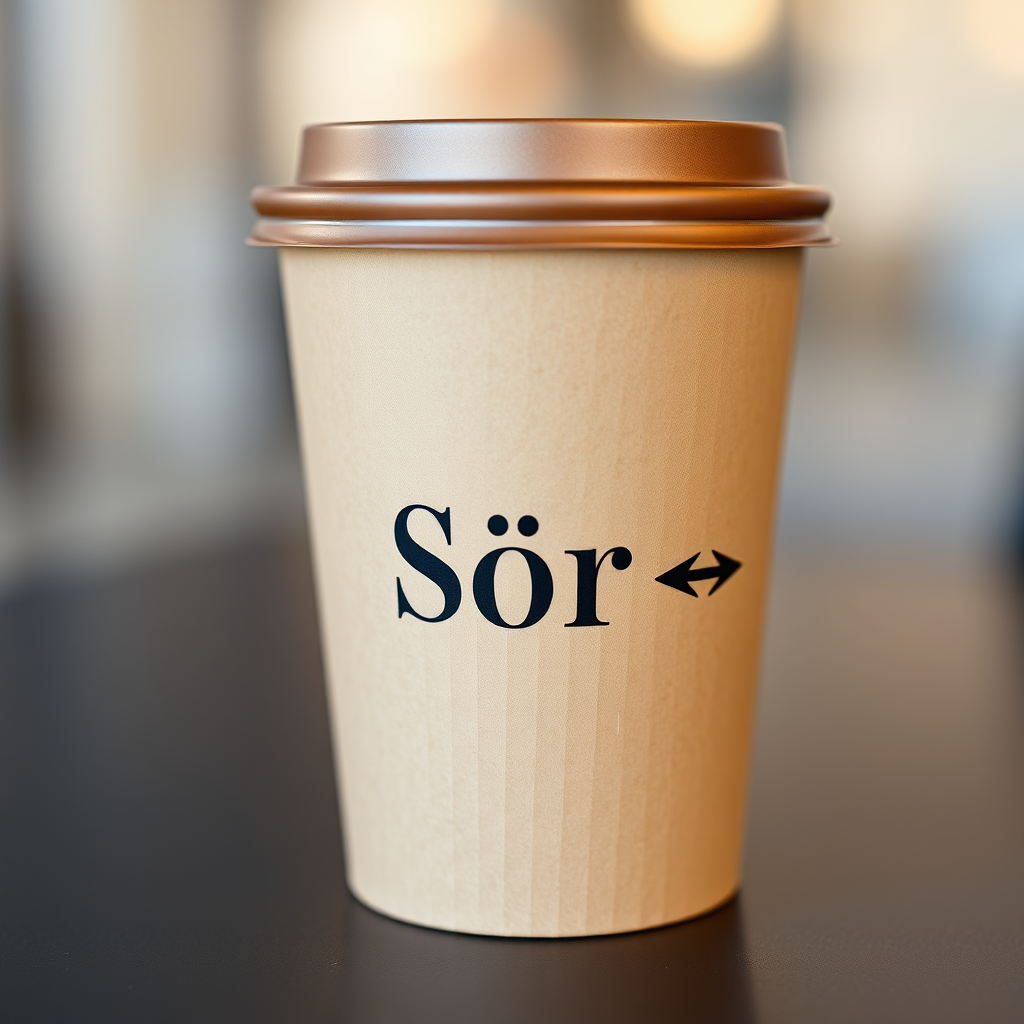 Main logo studio: Create a premium minimalist café logo printed on a **brown kraft paper takeaway coffee cup**. The ONLY text must be **“SØR”**, written EXACTLY as show