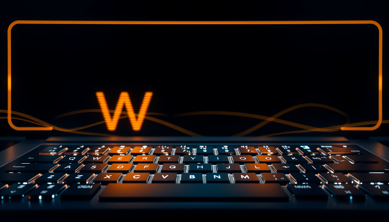 Main logo studio: Create a premium 2560x1440 YouTube banner for a digital writing channel. Show a sleek modern keyboard and glowing digital text effects, with a subtle 
