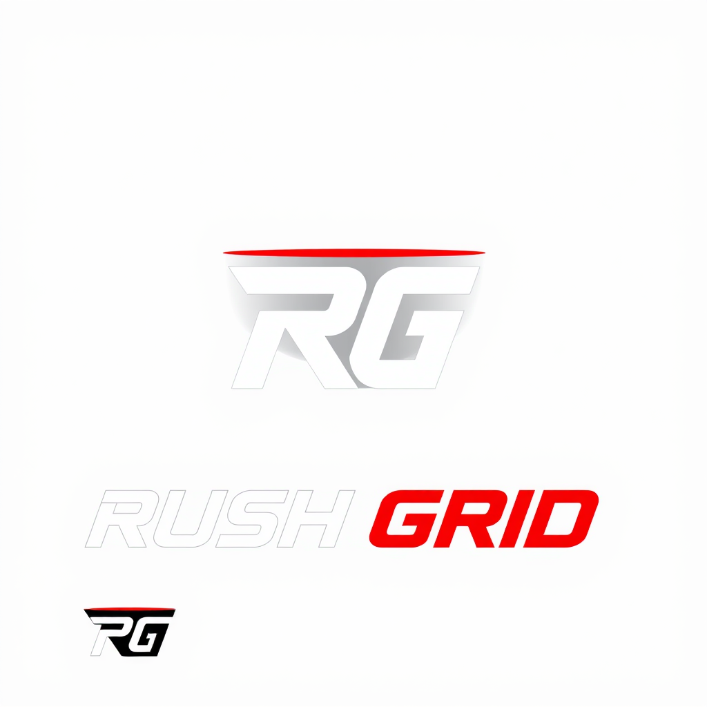 Main logo studio: Create a premium minimalist logo for “RUSH GRID”, a modern racing and gaming brand. Create a unique geometric emblem combining speed, racing motion an