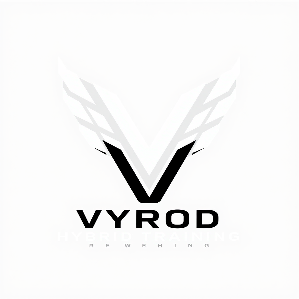 Main logo studio: Create a premium, powerful and minimalist sports performance logo for VYRON HYBRID TRAINING. Use a distinctive custom V monogram as the main symbol. T