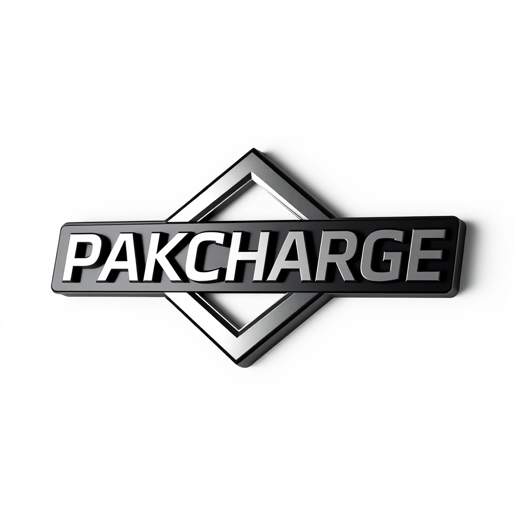 3D Logo idea: 3D logo for PAKCHARGE is the brand name. Generate a modern logo which should be unique , three-dimensional render, realistic depth and shadows, glossy