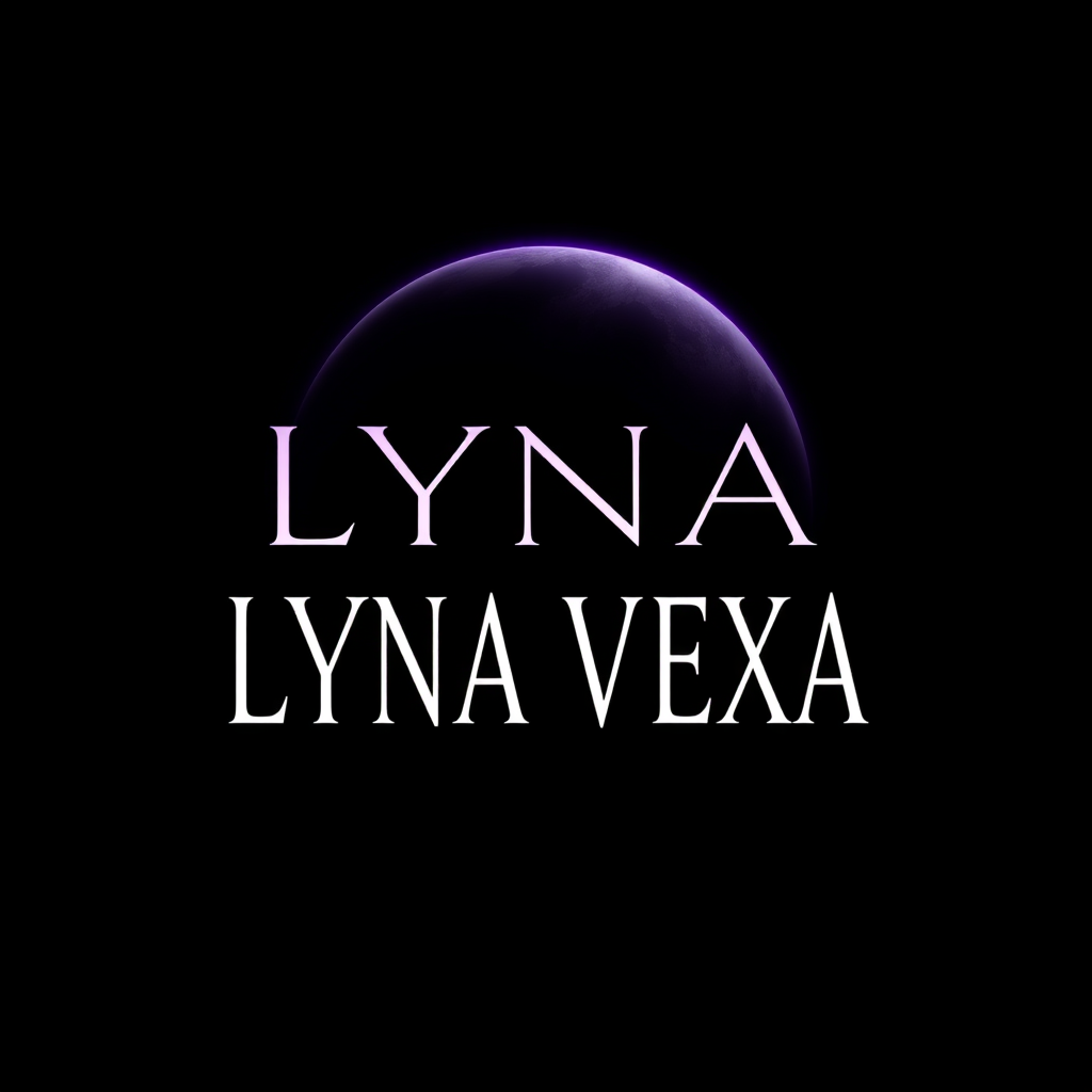 Main logo studio: LYNA VEXA — mysterious dark moon logo, black background, glowing silver moon, subtle violet light, elegant sharp lettering, feminine, powerful, modern