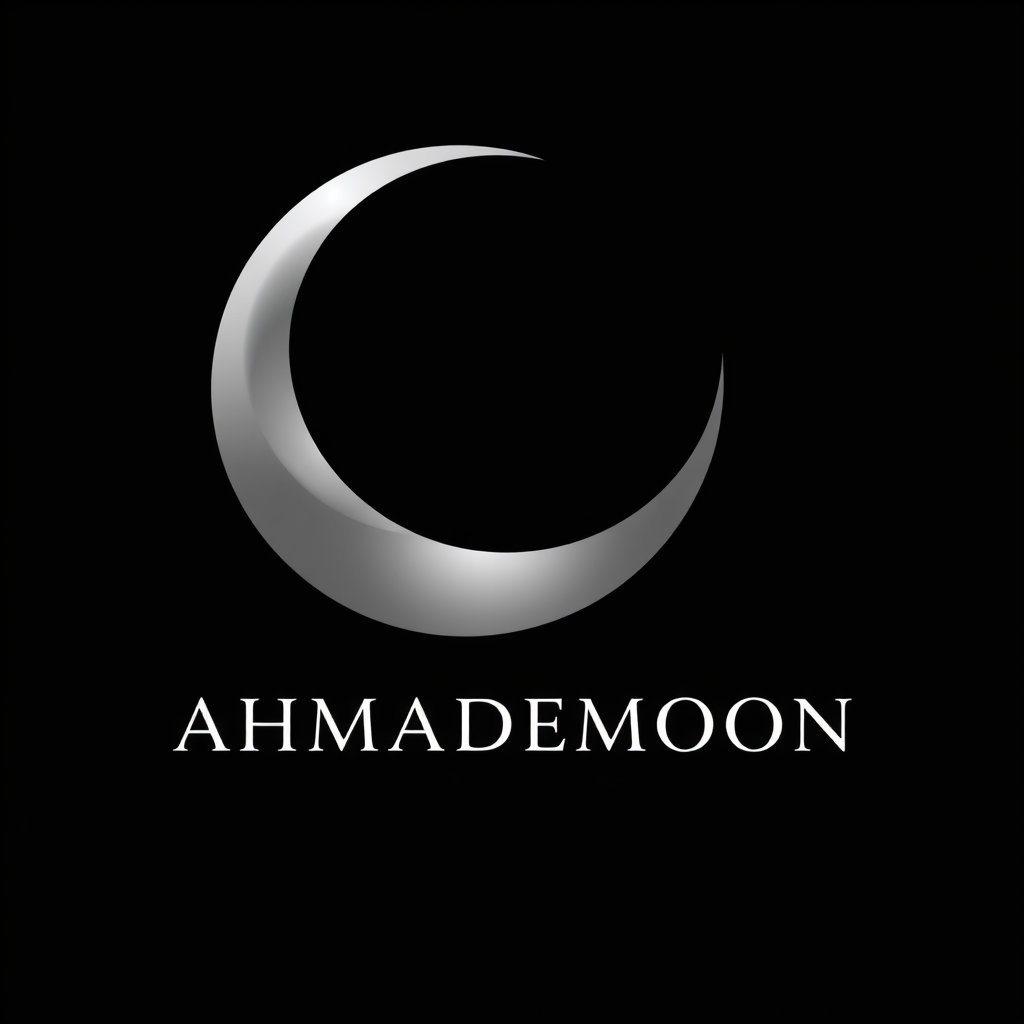 Main logo studio: Design a premium luxury logo for “AHMADeMOON”. A minimalist silver crescent moon with a subtle metallic shine, pure black background, elegant typograp