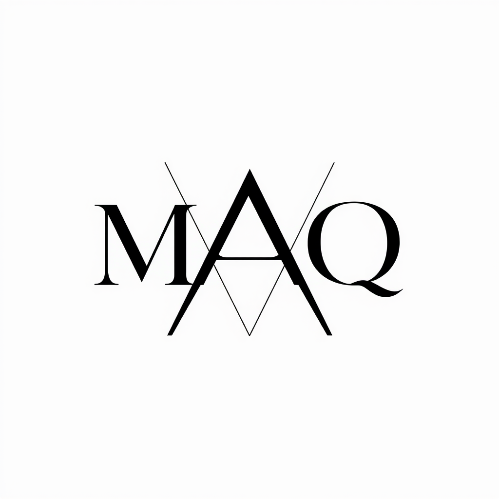 Main logo studio: Create a luxury minimalist monogram logo using the letters MAQ. Premium black and gold color palette. Thin geometric lines, modern editorial aesthetic