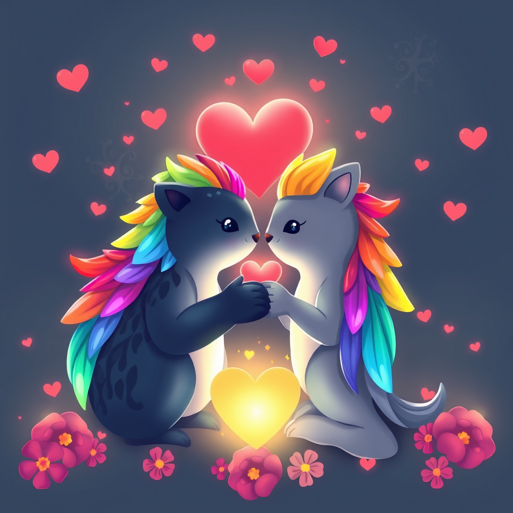 Main logo studio: Buat kan logo kucing yang lagi pacaran romantis versi pelangi yang sangat indah