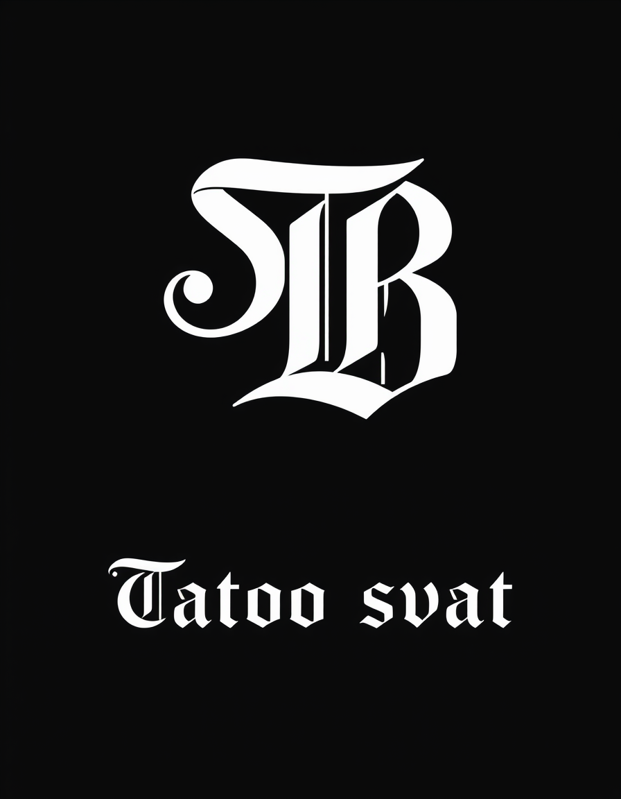 Monogram Logo idea: monogram logo combining the letters Gothic monogram of the letters S and B, white on a black background. Below, under the holotype, write "Tatoo svat"