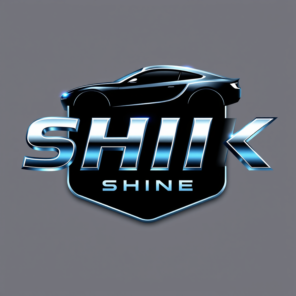 Main logo studio: SHIK SHINE — premium square profile logo, sleek car shape integrated with bold typography, SHINE shaped like a sleek professional orbital polisher, in
