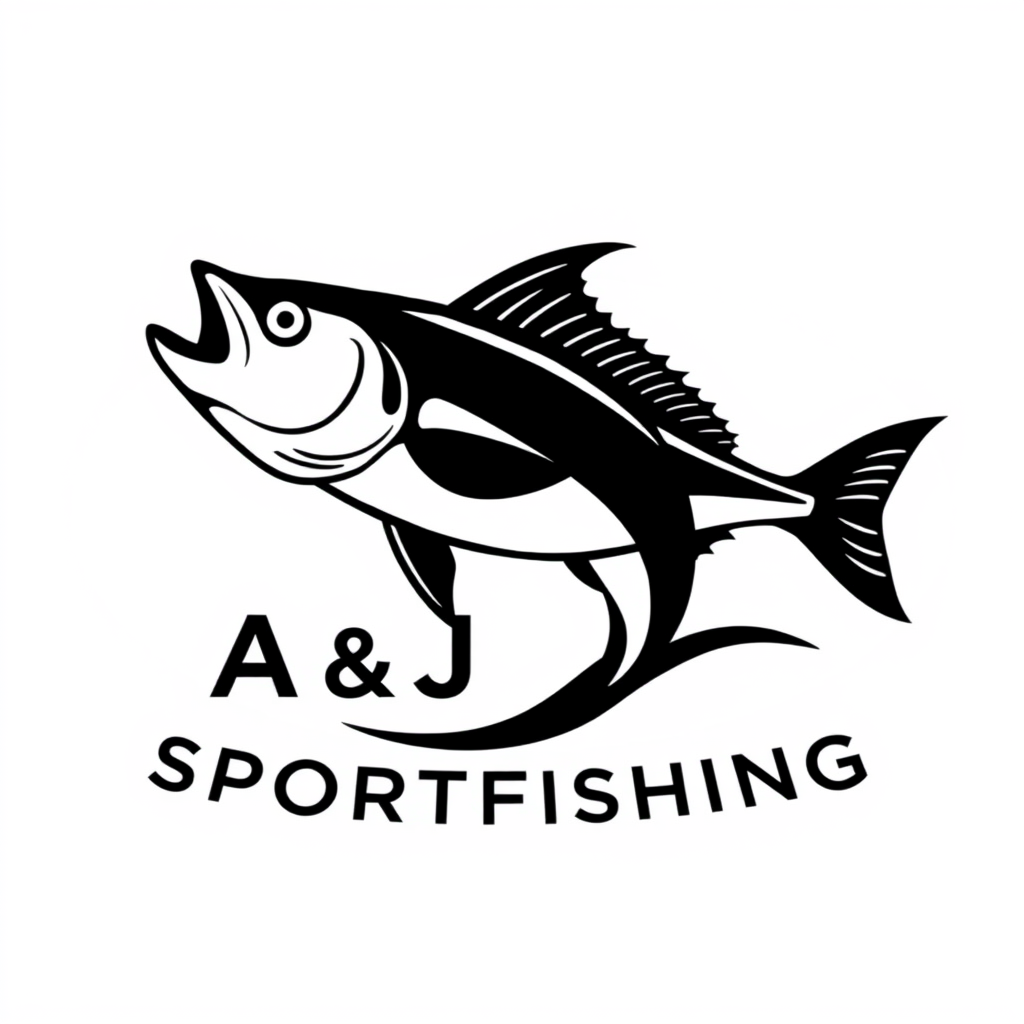 Main logo studio: Minimal professional sportfishing logo for “A & J Sportfishing,” Southern California. Bold clean fish silhouette, subtle ocean wave, nautical but mode