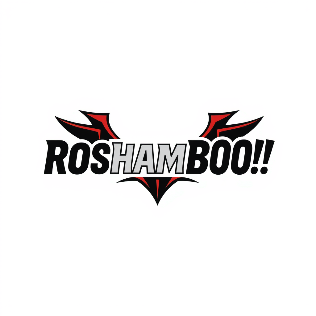 Wordmark Logo idea: wordmark logo of RoshamBOO!!! , bold clean typography, flat vector logo, centered, solid white background, high contrast, professional brand identity