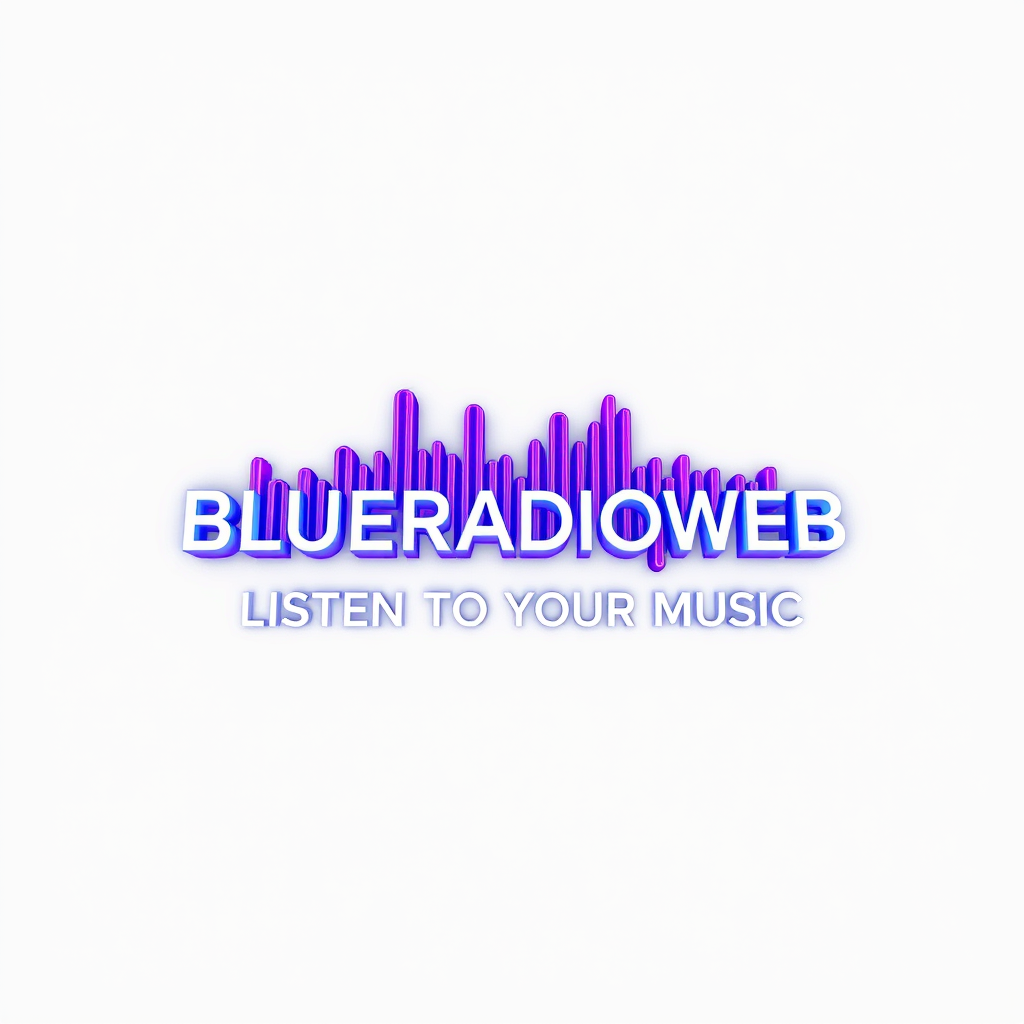 3D Logo idea: 3D logo for BLUERADIOWEB LISTEN TO YOUR MUSIC a music tech brand, 3D sound wave form, neon white purple , three-dimensional render, realistic depth an