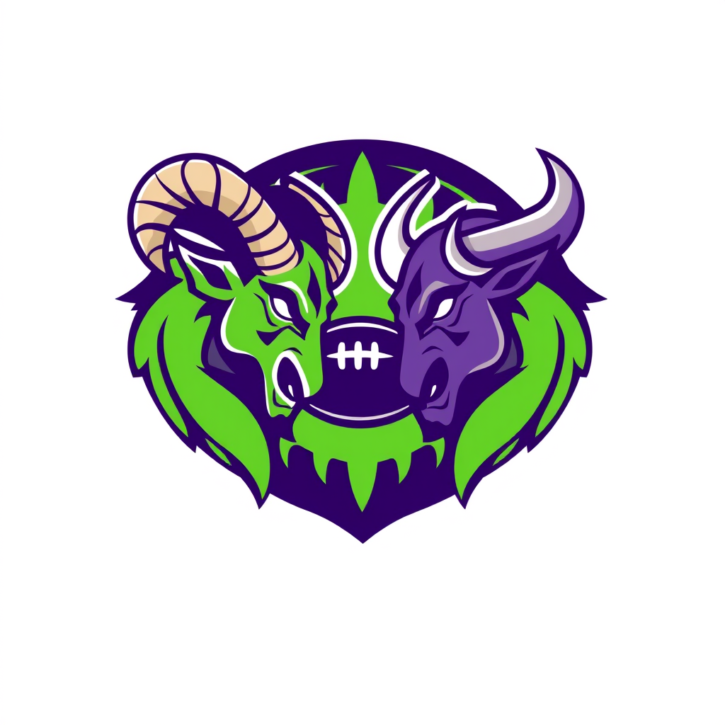 Main logo studio: Create a bold, modern fantasy football logo for a team named “BiEffe”. Use green and purple as the main colors. Feature a powerful ram and a bull faci