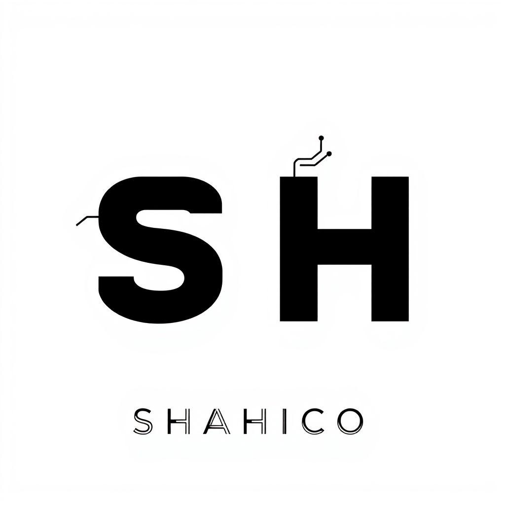 Main logo studio: Create a premium minimalist wordmark for "SHAHICO". Transform the first two letters "SH" into a unique industrial electrical symbol by integrating cir