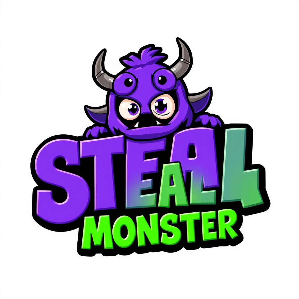 Main logo studio: **Roblox-inspired 3D game logo, “STEAL A MONSTER”, huge chunky letters, purple and green, thick black outline, funny mischievous monster mascot, big e
