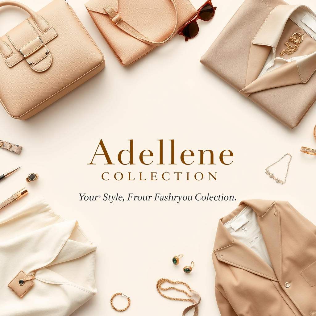 Main logo studio: Create an elegant and classy fashion boutique welcome image for a brand called “Adellene Collection.” Use a sophisticated neutral color palette featur