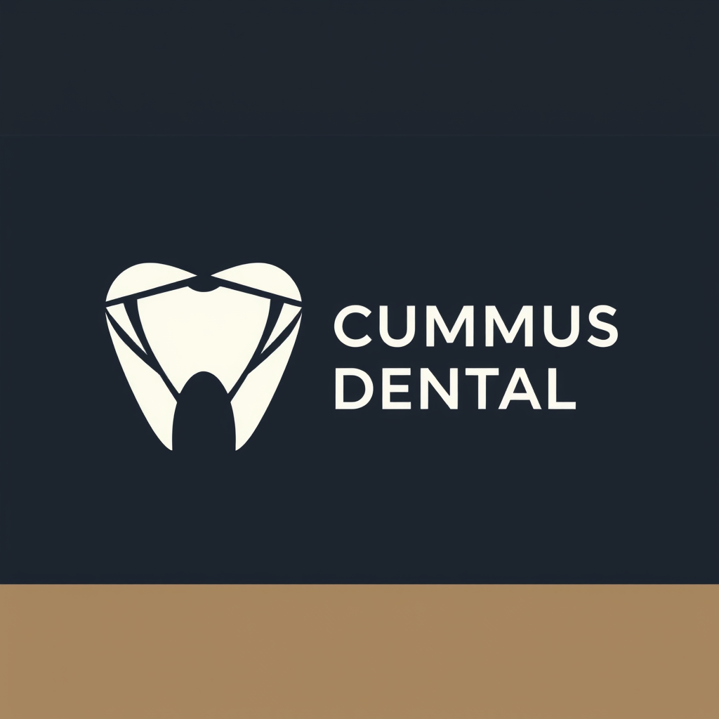 Main logo studio: "Minimal luxury dental clinic logo, geometric tooth symbol, dark navy and warm beige, clean premium typography, brand name: cummus dentals