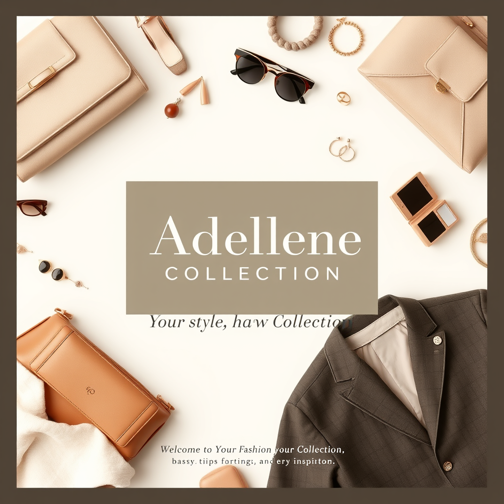 Main logo studio: Create an elegant and classy fashion boutique welcome image for a brand called “Adellene Collection.” Use a sophisticated neutral color palette featur