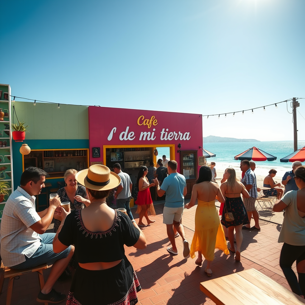 Main logo studio: Have people dancing in a Latin cultural area while in a coffee shop that has the name Cafe de mi tierra and have it colorful, have the people drinking