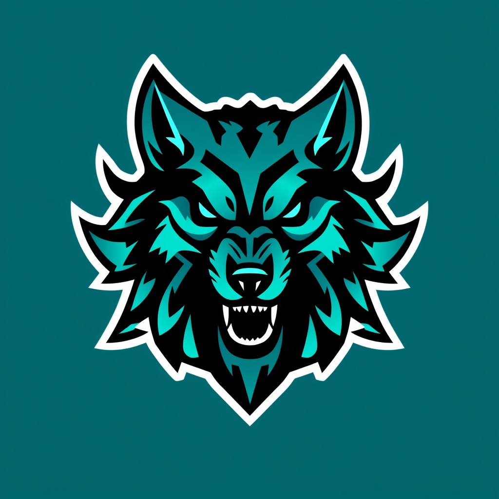 Main logo studio: bold esports team emblem logo, a roaring wolf head, black and neon teal