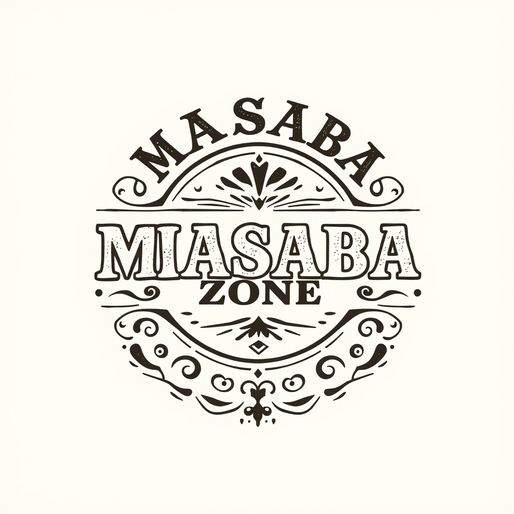 Vintage Logo idea: vintage retro logo for MASABA ZONE , classic retro design, aged typography, hand-drawn vintage illustration style, ornamental flourishes, weathered te