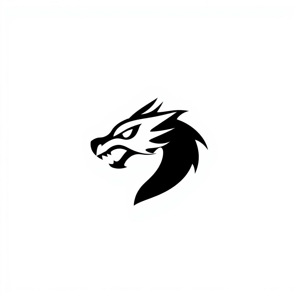 Minimalist Logo idea: minimalist logo, simple geometric mark for dragon head black over white, white eyes, side left , flat vector, clean lines, centered, solid white backg