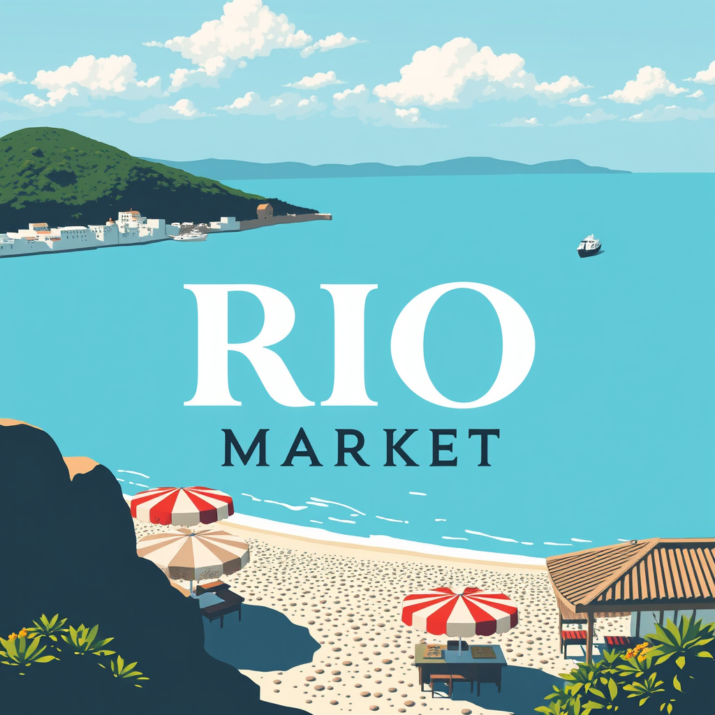 Main logo studio: Pozadina: Pozadina je svijetlo plave, tirkizne boje. Glavni logotip/tekst: U središtu slike nalazi se naziv "RIO" ispisan velikim, tamnosmeđim slovima